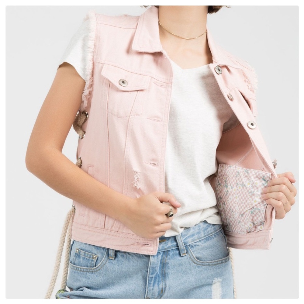 POL Petal Pink Distressed Denim Vest - Picture 2 of 10
